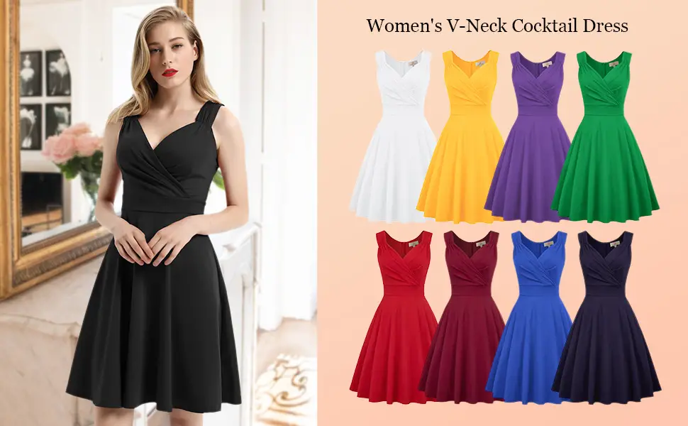 The GRACE KARIN Women's 50s 60s Vintage Sleeveless V-Neck Cocktail Swing Dress features a V-neck, is sleeveless, comes right to the knee, has a zipper on the back