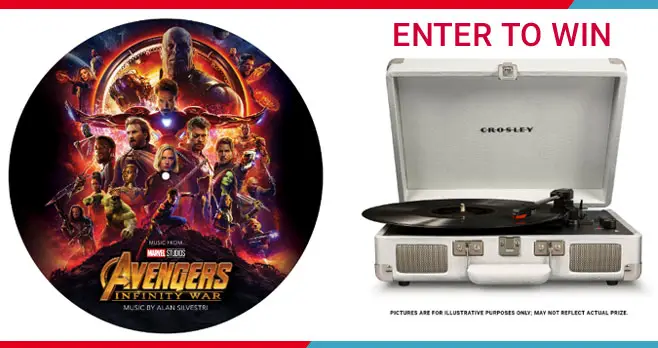 Enter for your chance to win an Avengers: Infinity War Prize pack. 20 Grand Prize winners will each receive a Marvel Studios' Avengers: Infinity War Original Soundtrack vinyl 12" album, provided by Disney Museum Emporium and a Crosley "Cruiser Deluxe" Turntable, provided by Crosley Brands