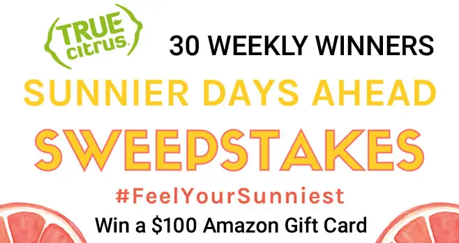 150 WINNERS! Enter for your chance to win a $100 Amazon gift card from TRUE Citrus. #FeelYourSunniest To shed light and positivity during these unprecedented times, TRUE Citrus is giving away 150 $100 Amazon.com Gift Cards and True Citrus products so you can #FeelYourSunniest.