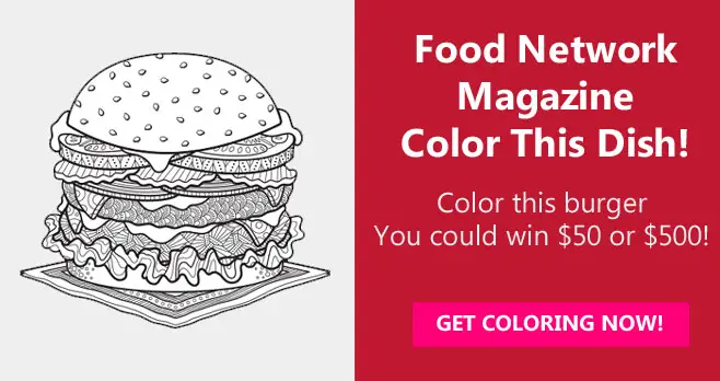 Color the Food Network Burger coloring page for your chance to win $500!  The grand prize winner will receive $500 and three runners-up will each receive a $50.