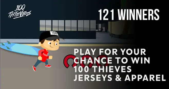 Play the Infinite Runner Challenge from Rocket Mortgage & 100 Thieves for your chance to win a 100 Thieves Numbers Bomber Jacket or 100 Thieves 2020 Jersey. Plus, sign in once per day to gain an entry toward the grand prize: the Ultimate 100 Thieves Package.