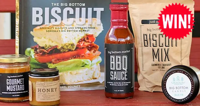 Enter for your chance to win a Big Bottom Market Gift Set #BigBottomMarket that includes Big Bottom Market Biscuit Mix, The Big Bottom Biscuit Cookbook, Big Bottom Market BBQ Sauce, Big Bottom Market Gourmet Mustard With Creole Spice, Big Bottom Market Fir Candle and Big Bottom Market Local Honey