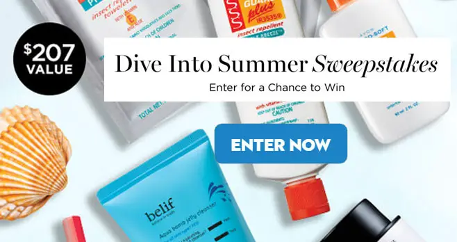 Enter Avon's July Dive Into Summer Sweepstakes for your chance to win an Avon summer prize gift set. Products includes lipstick, sunscreen, perfume, cleanser, blush,and more!