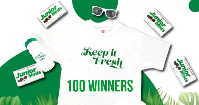 Junior Mints wanted to help you stay cool this summer, so they are giving away some fresh T-Shirts, Water Bottles, Sunglasses, and Frisbees! One hundred people will be selected to win.