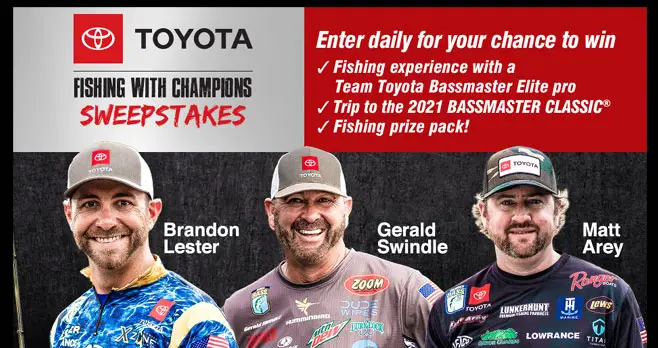 Enter for your chance to win a trip for two to the 2021 Bassmaster Classic and fish with a Bassmaster Elite Pro. Enter the Bassmaster Toyota Fishing with Champions Sweepstakes today.