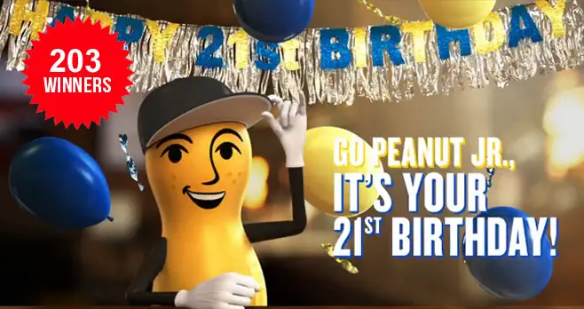 It's official@MrPeanut is 21 and he's celebrating by giving away cash and prizes! Take a look #MakeMyBirthdayNuts and before you ask, yes, he was just a baby. Confused? It’s been a nutty year. Now someone get this peanut a beer! 