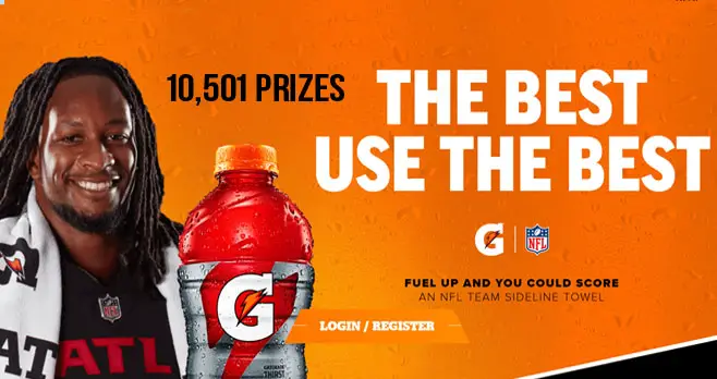 Play the Gatorade Towel Instant Win Game daily for your chance to win one of over 10,000 Gatorade sidelines towel and be entered into the grand prize drawing for a trip for two to an NFL training facility.