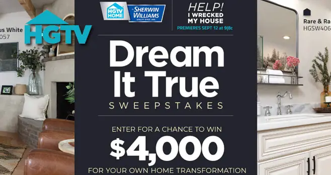 Enter for your chance to win $4,000 in cash for your own home renovation when you enter the HGTV Dream It True Sweepstakes plus there will be weekly winners.