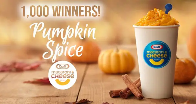 1,000 WINNERS! Enter for your chance to win a Free box of new Kraft Pumpkin Spice Macaroni & Cheese, a cheese cup and fork.