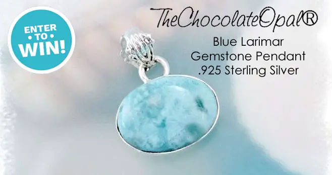 Enter for your chance to win a beautiful blue Larimar .925 Sterling Silver pendant that features a colossal 22-mm oval Dominican aqua blue Larimar gemstone, bezel set with .925 Sterling Silver, accented with an ornate bale. 