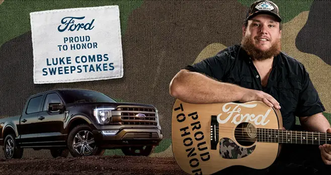 Enter for your chance to win a 2021 Ford F-150 pickup truck and a trip to see Luke Combs when you enter Ford's Luke Combs Proud To Honor Truck Sweepstakes