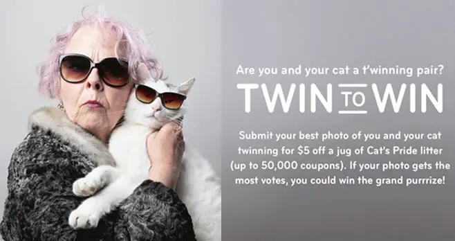 Submit your best photo of you and your cat twinning for your chance to win the grand purrize! The first 50,000 to enter will also receive a $5 off coupon for a jug of Cat's Pride Litter.
