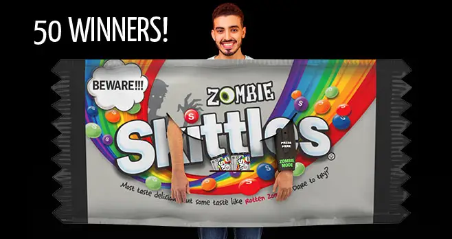 50 WINNERS! Enter to win a Zombie Skittles Socially Distant Costume. Featuring a 6-foot design and a zombie mode button that triggers the aroma of rotten zombie, not even the spookiest ghost will haunt you this Halloween.