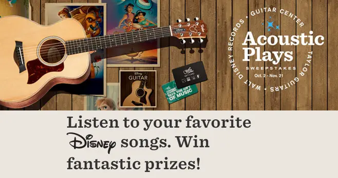 Listen to your favorite  songs. Win fantastic prizes! Walt #Disney Records, Taylor Guitars and Guitar Center have teamed up for an acoustically awesome sweepstakes. Enter the Disney Taylor Guitars Acoustic Plays Sweepstakes for your chance to win.