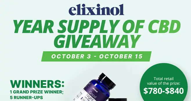 Enter for your chance to win a Year's Supply of CBD Capsules valued at $780 from Elixinol. One lucky winner to win 12 60-count bottles of the CBD capsules of your choice! Five runner-ups will win samples of Elixinol's entire line of CBD capsules!