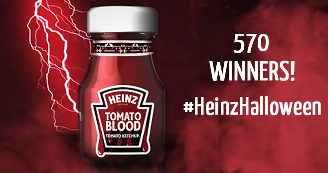 570 WINNERS! If you like creating funny videos, log into your #TikTok account and create a Halloween video using your Heinz ketchup bottle and #HeinzHalloween #Sweepstakes for your chance to win a special edition mini bottle