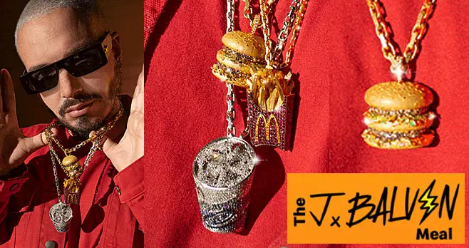 You could win @JBalvin's Diamond McDonald Necklace valued at over $138,000 from #McDonalds! #GiveawayAlert Every day you get the J Balvin Meal through the offer in the App is another chance to win a set of handmade chains made with real diamonds, gold and rubies.