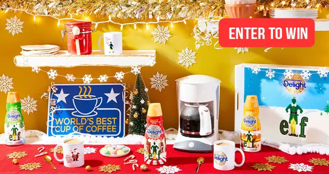 OMG! The holidays are almost here and you could win holiday cheer from International Delight! Enter for a chance to win a Buddy the Elf-inspired holiday decorating kit with everything you need to turn your coffee corner from ho‑hum into ho‑ho‑oh‑yeah. Coffee mugs. Twinkly lights. Candy, candy canes, and International Delight® creamer. And 6‑inch ribbon curls, people!