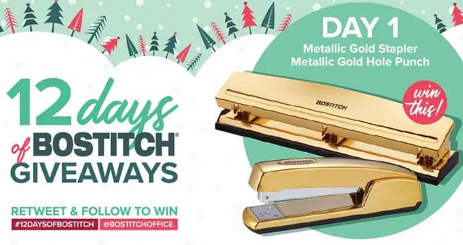 The 12 Days of @BostitchOffice Giveaways is back! #12DaysofBostitch #12DaysofGiveawaysTo start the holiday season off right, Bostitch is giving away theMetallic Gold Stapler and 3-Hole Punch! Check back for a new giveaway everyday until December 18th