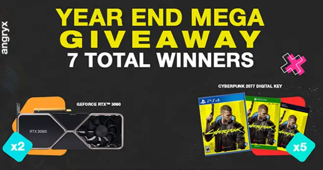 ANGRYX is launching a year end MEGA Giveaway! They are giving away a brand new #NVIDIA GeForce RTX 3080 to 2 lucky winners. Also 5 runner up will win a #Cyberpunk2077 CD key on the platform of their choice.