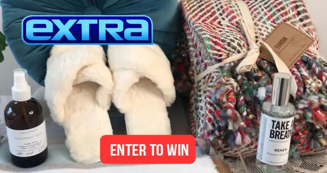 Extra TV is giving the ultimate cozy gift box to five lucky friends.  Enter for your chance to win! Pamper yourself with slippers and lotions from Baylis & Harding, and stay warm with chic blankets and  pillows from World Market.