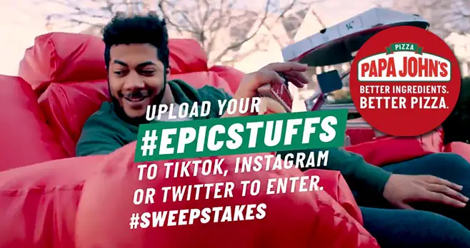 Follow @Papajohns and share something epic for your chance to win something epic. Upload a video of your best dunks, tricks, pranks or more to Instagram, Twitter or TikTok with #EpicStuffs and #sweepstakes for a chance to win your own Epic Stuffed Chair and other prizes.