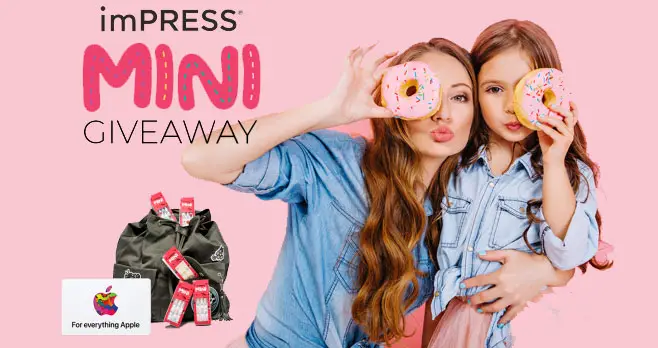 Enter for a chance to win a $100 Apple.com gift card, a backpack and imPRESS minis press-on nails. Mom Approved, Sized for Kids. Hey Mamas & Kiddos, please give us a shoutout on social & share your Nails with #impressmini