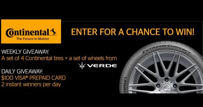 2 Daily Winners! Enter the Continental Tire Weekly Winter Sweepstakes now for your chance to win a weekly set of 4 Continental tires and a set of wheels from Verde. Two daily winners will win a $100 Visa gift card instantly.