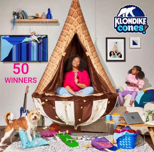 he Kids are going to love this! Klondike is giving away 50 Klondike Cone Zone hanging chairs! Just follow them on Twitter and retweet for your chance to win.