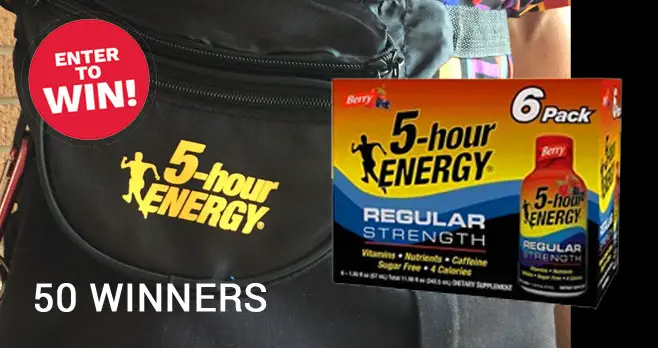 50 WINNERS! Enter for a chance to win two 5-hour ENERGY shot 6-packs and two 5-hour ENERGY branded fanny packs. Registration ends February 14th. 