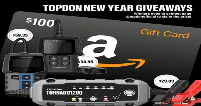 40 WINNERS will be selected to share more than $1800 valued gifts in total including Amazon gift cards, TOPDON Scanners, Battery testers, battery charges, and discount coupons. There are four ways to enter and you can share with your friends to earn bonus entries