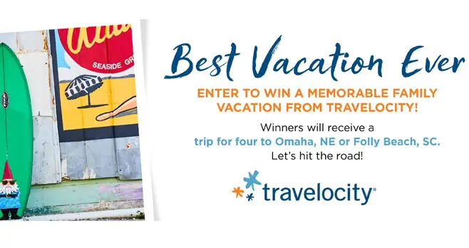 Enter for your chance to win a memorable family vacation from Travelocity! The grand prize winner will receive a trip for four to Omaha, NE or Folly Beach, SC! It's time to hit the road!