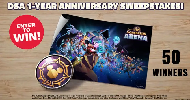 Disney is hosting a giveaway right now and 50 who Retweet with their DSA Player ID and the hashtags #DSASweepstakes and #DSAAnniversary will win a DSA enamel pin and poster, and in-game prizes!