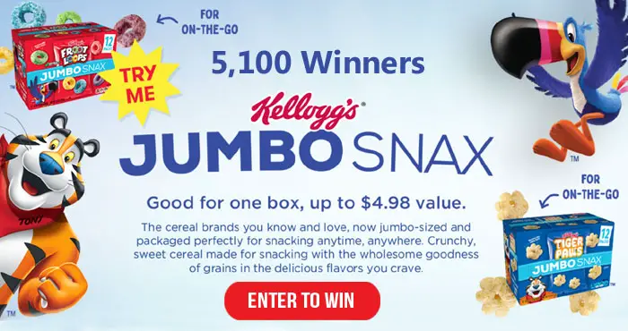 Kellogg's is giving away 5,100 Free Jumbo Snax cereal boxes that are now available at Walmart. The cereal brands you know and love are now jumbo-sized and packaged perfectly for snacking anytime, anywhere. Crunchy, sweet cereal made for snacking with the wholesome goodness of grains in the delicious flavors you crave.
