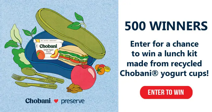 500 WINNERS! Enter for a chance to win a reusable lunch kit made from recycled Chobani yogurt cups! Chobani is doing their part for the environment