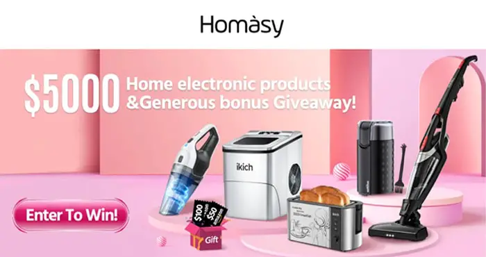 Enter for your chance to win Free products from Homasy including portable ice maker machines, vacuum cleaners, toaster, coffee grinders and even Free Amazon gift cards