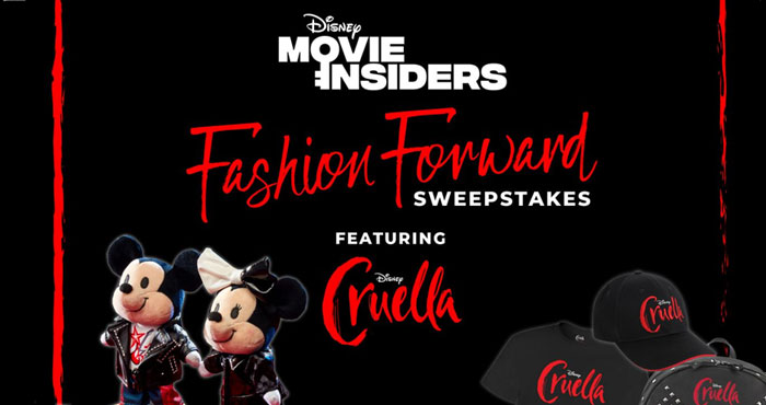 Enter the Disney Movie Insiders Fashion Forward Sweepstakes for your chance to win a Cruella-inspired prize package, $500 Disney Gift Card, Disney plush, outfits, caps, and more. Your first entry is free!