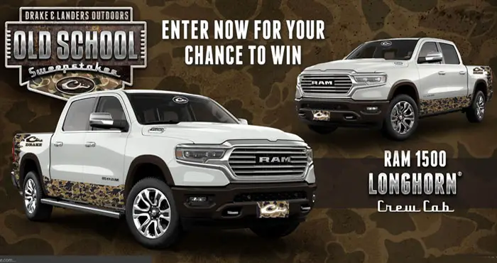 Enter the Drake & Landers Waterfowl Old School Sweepstakes one time and you will entered into each monthly drawing for your chance to win your choice of 4 vehicles plus Drake Waterfowl or Landers Outdoor products