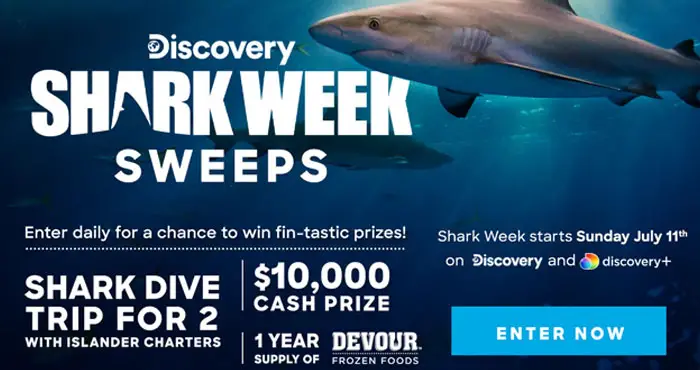 Enter for your chance to win a Shark dive trip for 2 with Islander Charters in San Diego, California. Plus the grand prize winner will also receive $10,000 in cash from Discovery and a year's supply of Devour frozen foods.
