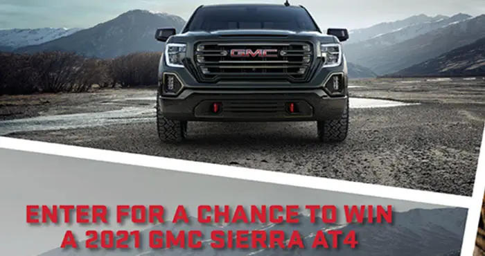 Enter for your chance to win a 2021 GMC Sierra AT4 heavy duty off-road pickup truck with enhanced features built to power you and your trailer off the road valued at over $66,000