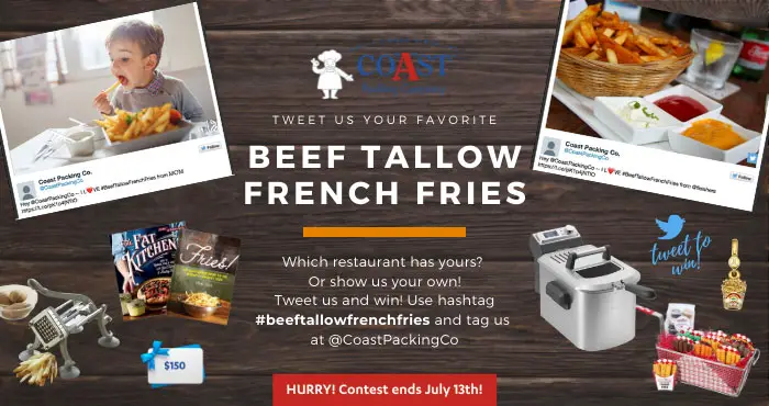 You may be a winner of a Breville Deep Fryer to make your own delicious beef tallow French fries at home, a $150 gift certificate to your favorite restaurant that features beef fat French fries, and other awesome prizes! #BeefTallowFrenchFries