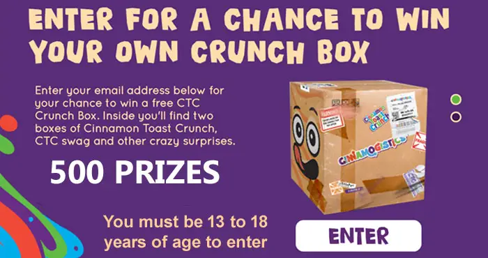 500 WINNERS! Hey kids - tweens actually - the Cinnamogistics team is now shipping special boxes of Cinnamon Toast Crunch. Enter for a chance to win a free box, Cinnamon Toast Crunch  swag & other surprises.