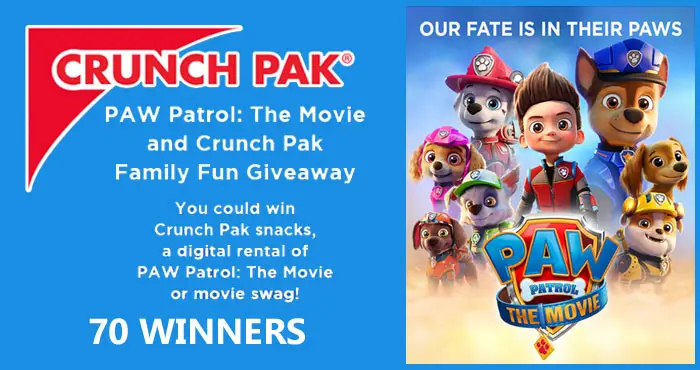 70 WINNERS! Enter the PAW Patrol: The Movie and Crunch Pak Family Fun Giveaway daily and you could win Crunch Pak snacks, a digital rental of PAW Patrol: The Movie or movie swag!