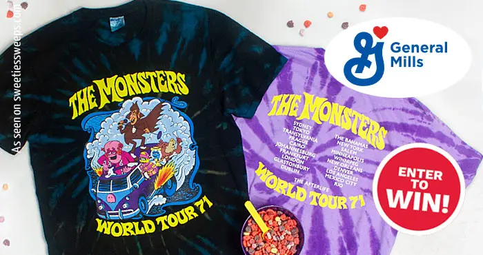 130 WINNERS! To celebrate the 50th anniversary of the world’s most popular monster supergroup, General Mills dug up some limited-edition band shirts from when the group first stepped onto the scene. These 100% cotton, tie dye shirts feature the band tearing across the country on their tour bus, and has the tour’s original schedule on the back. Enter below for your chance to win one of these exclusive shirts before the Monsters play their encore for the season.