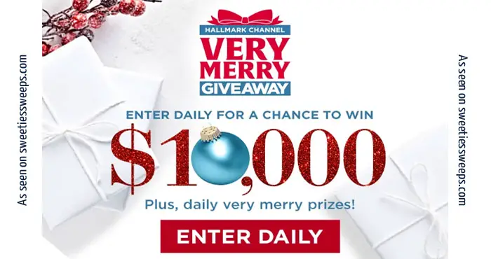 Enter Hallmark Channel’s Very Merry Giveaway daily for a chance to win $10,000 for you and $10,000 to share with a friend or someone in need! Plus, win one & share one of our daily merry prizes.
