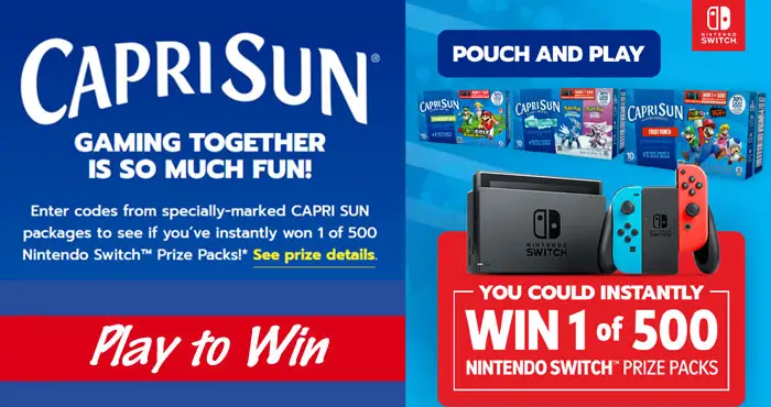 500 WINNERS! Play the Capri Sun Instant Win Game daily for your chance to win a Nintendo Switch system and a digital game download. Each prize is valued at $360! #giveaway