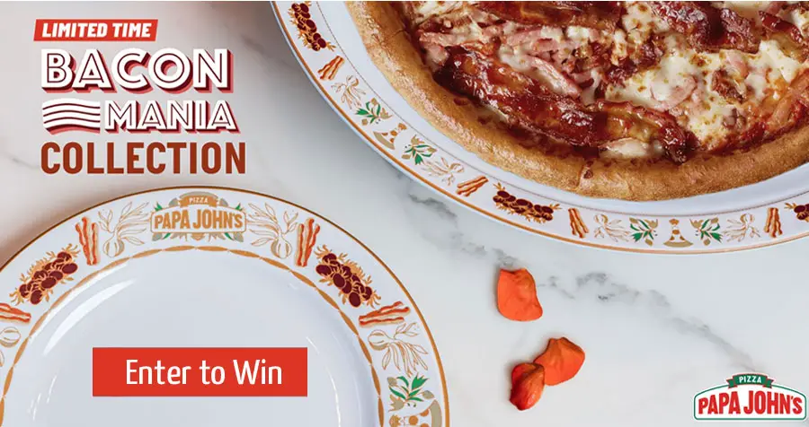 Bacon lovers rejoice! The limited-edition BaconMania Dinnerware Collection is here! This is how real lovers show up to Friendsgiving. Enter Papa John's Baconmania Sweepstakes daily for your chance to win a set of Papa John's fine china