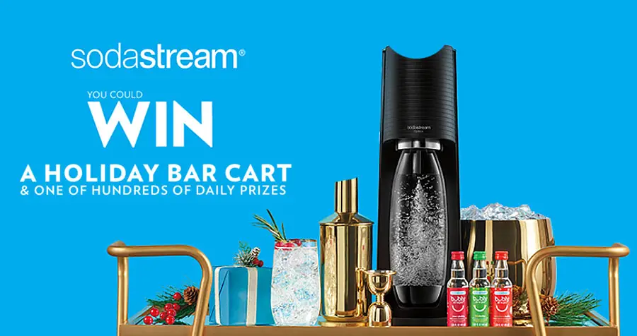 Enter for your chance to win a holiday bar cart from SodaStream. Play the SodaStream Fizz The Season Instant Win Game daily to win gift cars and SodaStream Terra Sparkling Water Maker Kits