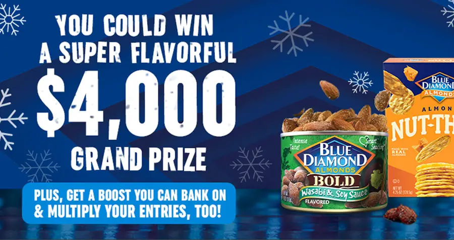 You could win a super flavorful $4,000 grand prize from Blue Diamond PLUS you could instantly win a Blue Diamond Super Holiday Prize Pack that includes f Wasabi and Soy Sauce and Honey Roasted Blue Diamond Almonds and Blue Diamond Almond Nut Thins
