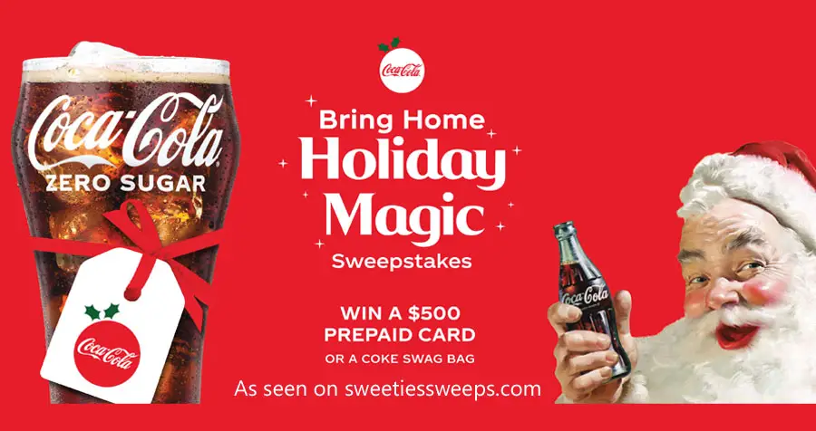 Enter Coca-Cola's Bring Home Holiday Magic Sweepstakes and you could make your season bright with a Grand Prize $500 prepaid card OR a Coca-Cola swag bag. Bring home holiday magic with Coca-Cola! 